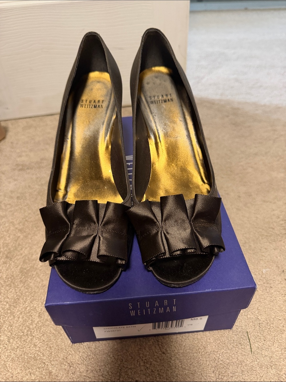 Stuart Weitzman brown Satin Peep-Toe Heels with Gold Lining and Ruffle